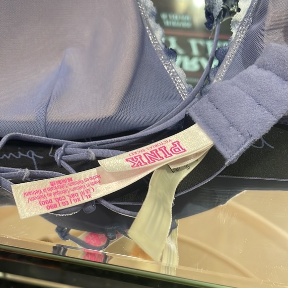 PINK Victoria's Secret Blue Dye Logo Lace Strappy Halter Bralette Bra VS - Picture 4 of 5
